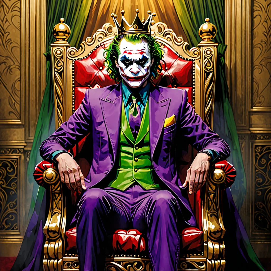 Joker art with crown on head sitting on throne
