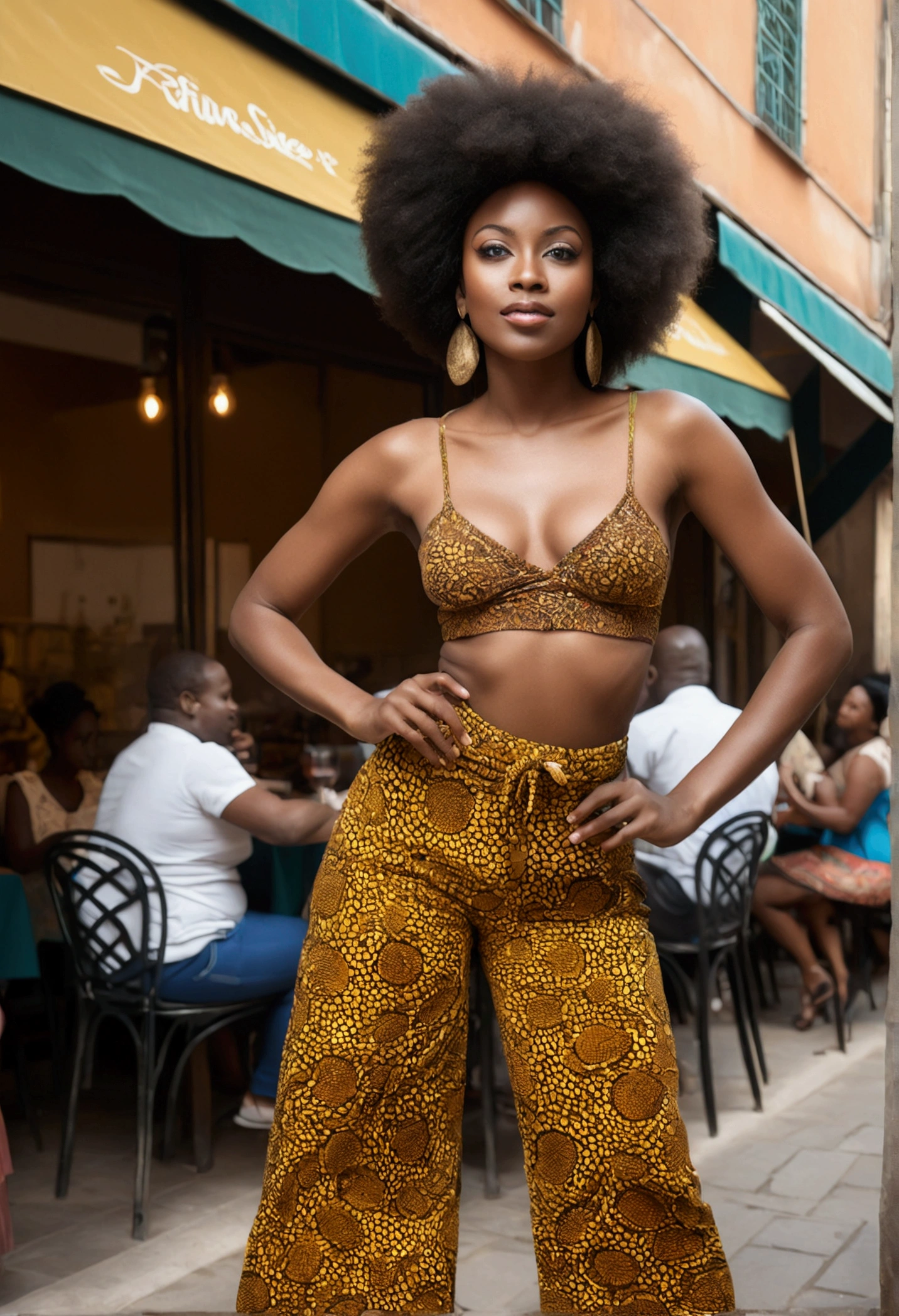 debout, Photographie fine, peau foncée, tressé, jupe, hanches larges Sexy, beau corps, Éclaireuse, scout ((Peau africaine foncée, Peau d'ébène très profonde)), ((Sa beauté est indéniable)), ((joli visage excité)), ((Yeux parfaits hyper détaillés,)), ((pose mignonne)), (( gros sein )), ((Langue sortie)), ((Attirant )), Sexy, ((t shirt et pantalon ), ((Afro africain ((Ventre révélateur)), ((debout, Vue de face)), au restaurant , photoréaliste, Détails élevés, Réaliste, partie maîtresse, absurde, Meilleure qualité, HDR, de haute qualité, haute définition, extrêmement détaillé, ;écran 8k, détails comple (photo réaliste:1.2), contraste, éclairage intense, cinématique d'éclairage, éclairage naturel, Lumière forte, Contre-Jour, Éclairage global, occlusion ambiante Info