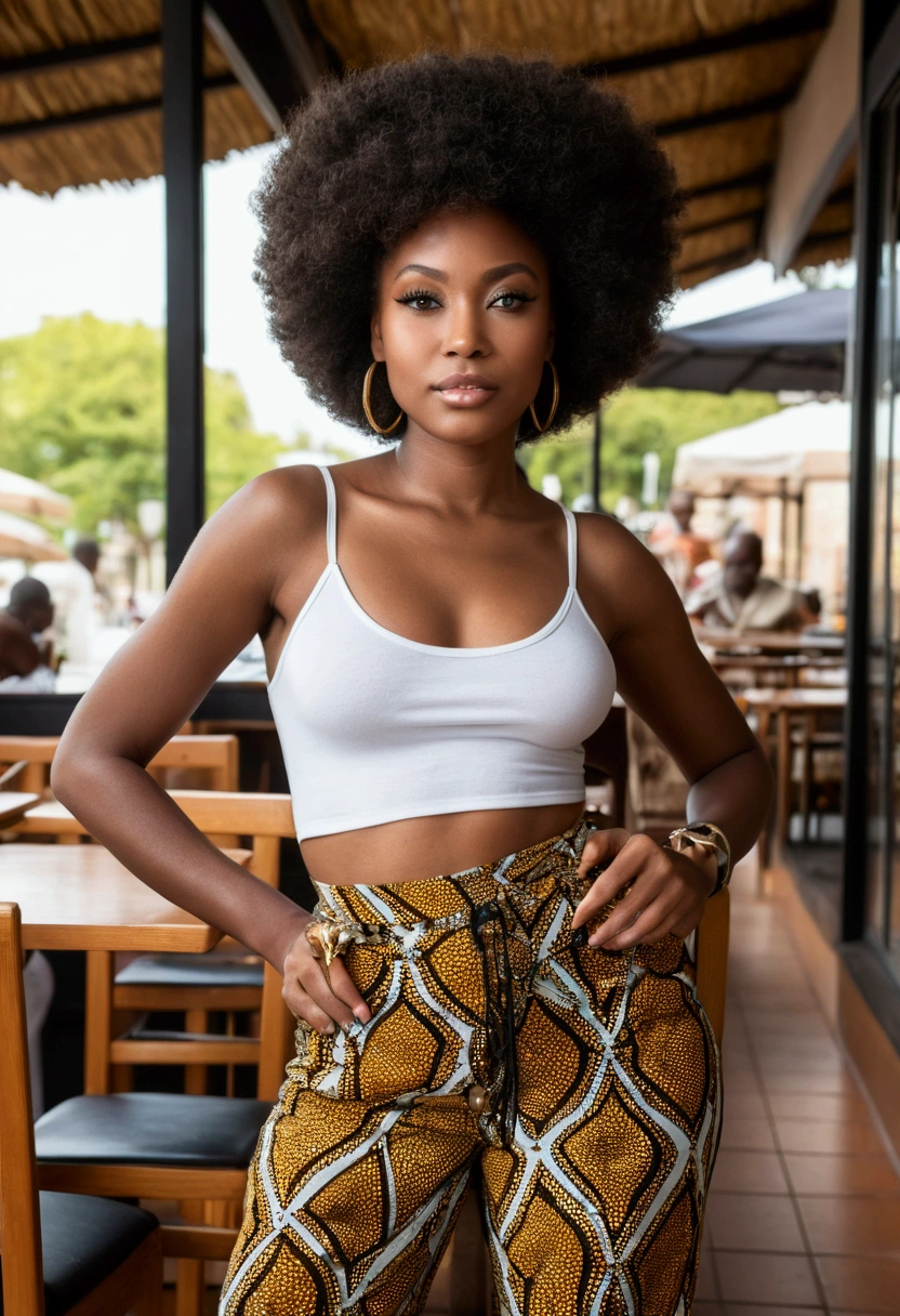 debout, Photographie fine, peau foncée, tressé, jupe, hanches larges Sexy, beau corps, Éclaireuse, scout ((Peau africaine foncée, Peau d'ébène très profonde)), ((Sa beauté est indéniable)), ((joli visage excité)), ((Yeux parfaits hyper détaillés,)), ((pose mignonne)), (( gros sein )), ((Langue sortie)), ((Attirant )), Sexy, ((t shirt et pantalon ), ((Afro africain ((Ventre révélateur)), ((debout, Vue de face)), au restaurant , photoréaliste, Détails élevés, Réaliste, partie maîtresse, absurde, Meilleure qualité, HDR, de haute qualité, haute définition, extrêmement détaillé, ;écran 8k, détails comple (photo réaliste:1.2), contraste, éclairage intense, cinématique d'éclairage, éclairage naturel, Lumière forte, Contre-Jour, Éclairage global, occlusion ambiante Info
