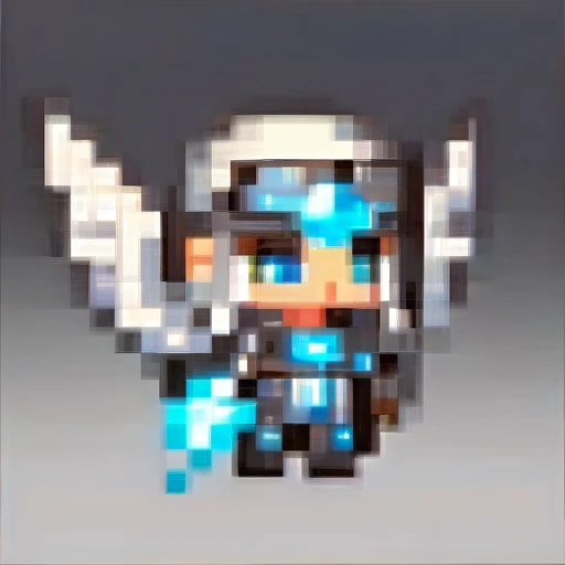 A chibi monkey female character in white and blue guardian armor from a celestial fantasy, holding a glowing shield. She has eagle wings and feathers, glowing turquoise eyes, and elegant angelic horns. The shield emits a holy light effect, and she is in a dynamic defensive pose. The artwork features cinematic lighting and moody colors, in a digital art, concept art style.