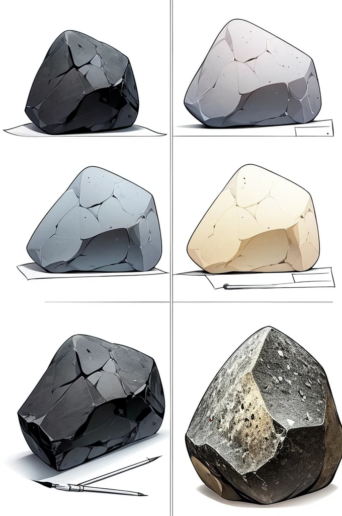 Create a detailed drawing of a single rock using various techniques and styles, all done with a pen on white paper. Ensure the rock is the same in each depiction, but vary the artistic approaches.