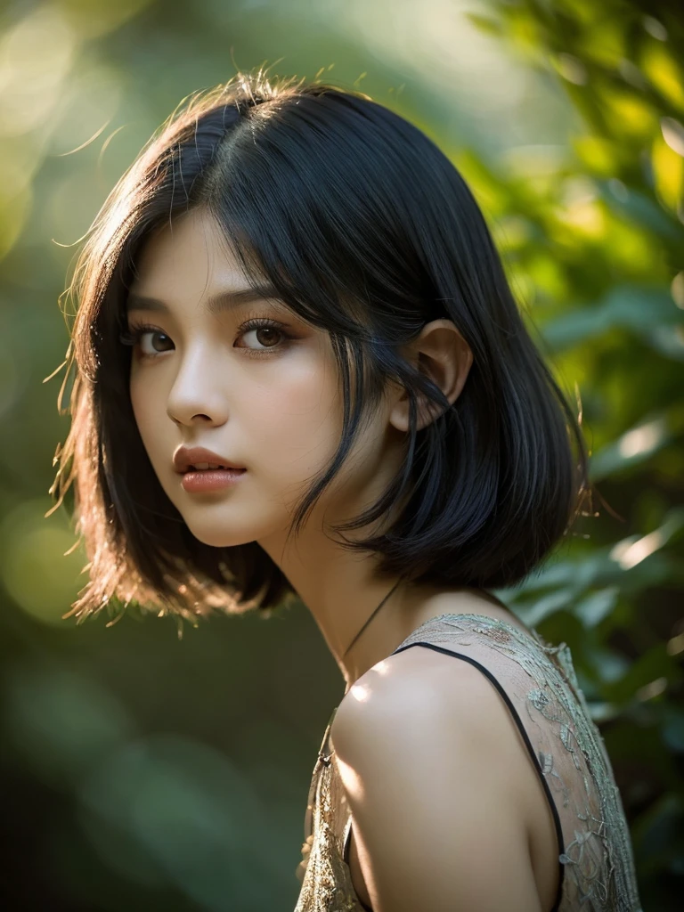 A beautiful raven-haired girl (kim Jennie from blackpink) with short hair, dressed as an elf, standing in a lush forest with dark colors, (1girl,elf,short hair,raven hair,dark forest,busty,fantasy,detailed face,beautiful detailed eyes,beautiful detailed lips,extremely detailed eyes and face,long eyelashes,elven,nature,lush vegetation,moody lighting,dramatic lighting,rich colors,chiaroscuro,dark fantasy,fantasy portrait,ethereal,mystical)