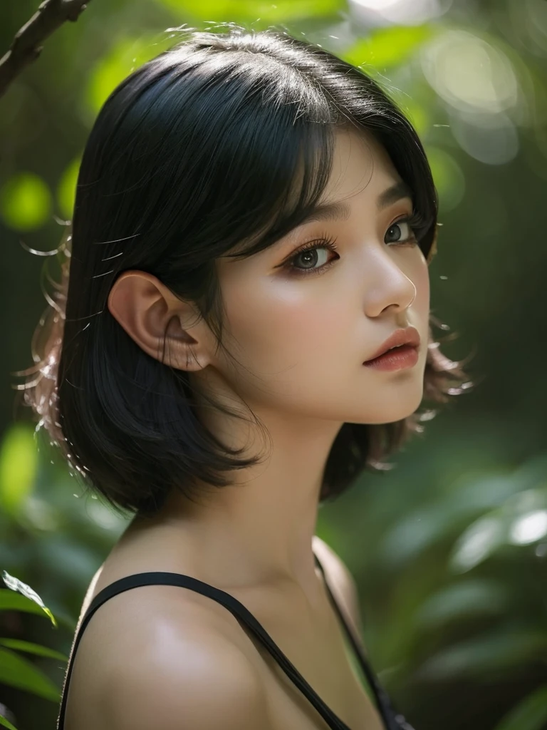 A beautiful raven-haired girl (kim Jennie from blackpink) with short hair, dressed as an elf, standing in a lush forest with dark colors, (1girl,elf,short hair,raven hair,dark forest,busty,fantasy,detailed face,beautiful detailed eyes,beautiful detailed lips,extremely detailed eyes and face,long eyelashes,elven,nature,lush vegetation,moody lighting,dramatic lighting,rich colors,chiaroscuro,dark fantasy,fantasy portrait,ethereal,mystical)