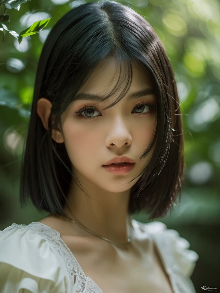 A beautiful raven-haired girl (kim Jennie from blackpink) with short hair, dressed as an elf, standing in a lush forest with dark colors, (1girl,elf,short hair,raven hair,dark forest,busty,fantasy,detailed face,beautiful detailed eyes,beautiful detailed lips,extremely detailed eyes and face,long eyelashes,elven,nature,lush vegetation,moody lighting,dramatic lighting,rich colors,chiaroscuro,dark fantasy,fantasy portrait,ethereal,mystical)