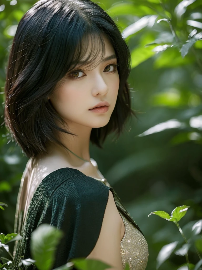 A beautiful raven-haired girl (kim Jennie from blackpink) with short hair, dressed as an elf, standing in a lush forest with dark colors, (1girl,elf,short hair,raven hair,dark forest,busty,fantasy,detailed face,beautiful detailed eyes,beautiful detailed lips,extremely detailed eyes and face,long eyelashes,elven,nature,lush vegetation,moody lighting,dramatic lighting,rich colors,chiaroscuro,dark fantasy,fantasy portrait,ethereal,mystical)