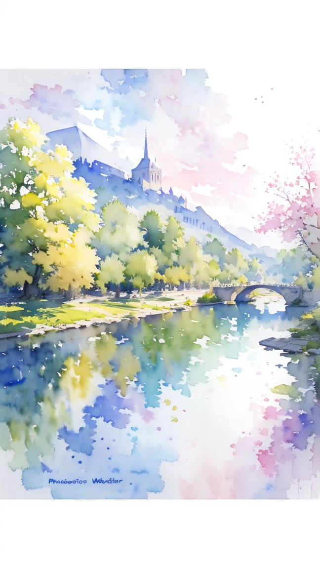 (masterpiece:1.2, Highest quality),(Very detailed),(((watercolor))),8k,wallpaper,Landscape of France,Banks of the Seine,(((Transparent watercolor)))