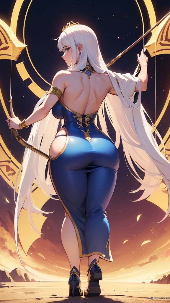 (((amazing powerful archery white girl))), showing her (((curvy))) yet athletic (((sensual full-body, back side, back view))), (perfectly angelic face), dressed in beautiful purple clothes with advanced tech (golden armor), featuring golden esoteric and charming details, long flowing curls and remarkably amber eyes with a (((third eye))), set against an (amazing mystic landscape) Hindu mythology. Colorful portrait, from behind, all highly detailed and advanced photography at 4k, 8k or higher resolution, details are intricate and exquisite, hyperdetailed, depth,