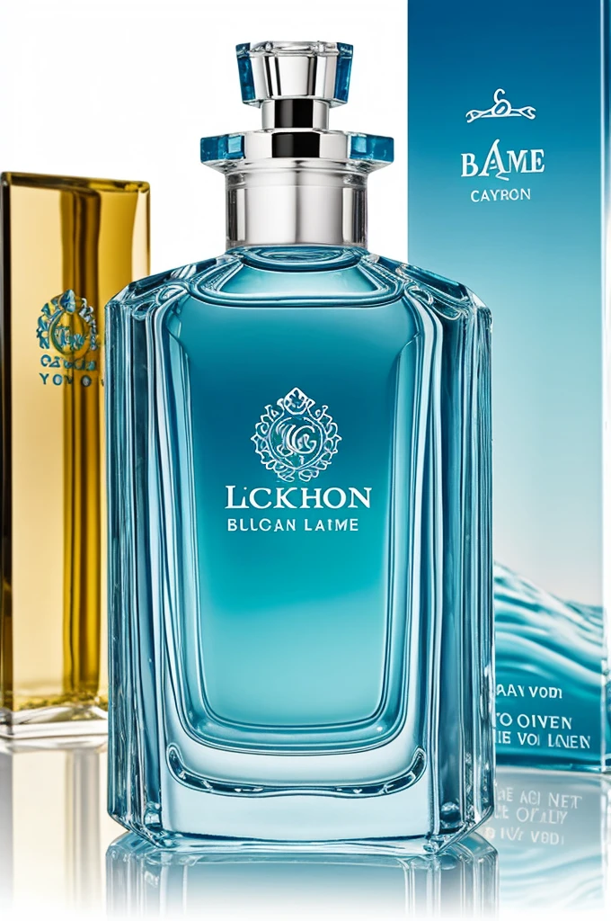 Blue lagoon cocktail perfume bottle with logo in the middle of an abstract wave color and vintage typography of name Blue lagoon 