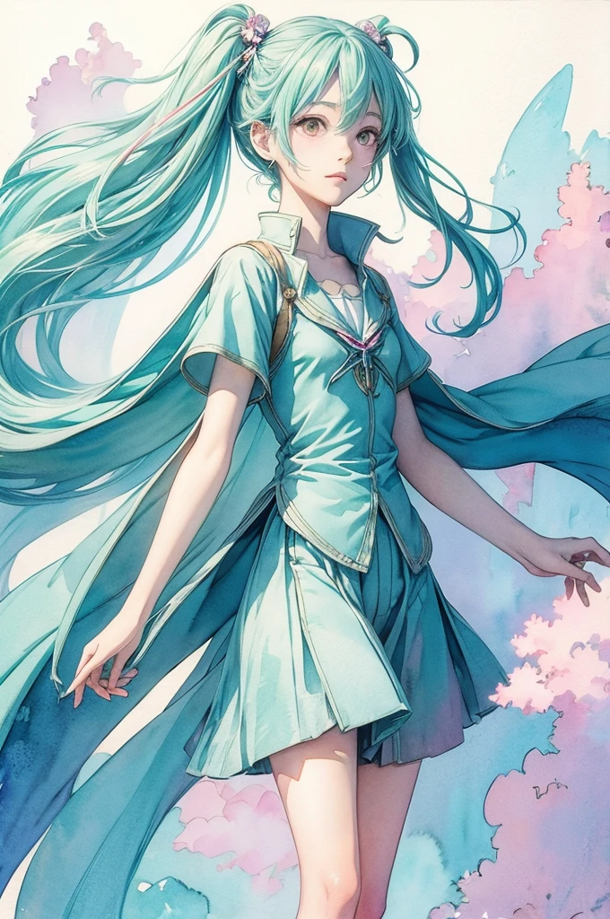 Crystal, Ghibli style, takamichi style, Watercolor style, watercolor pencil, paper texture, Hatsune Miku,