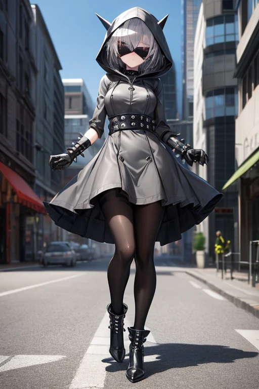 ((best quality)), ((masterpiece)), (detailed), 1 girl, Full body, 18 years old, Depressed face, Silver eyes, Metal covering her eyes, Gray zippered hood, Blushing, Silver hair, Straight hair, Bangs, Lock of hair covering her eye, Full body, Medium breasts, Slim body, Metal spikes, Grey wristbands, Long black gloves with spikes, Grey Gothic ta dress, Grey dress with metal spikes, Metal emblem, Somewhat tight, Black belt, Metal legs, Black pantyhose, Black boots, Walking through the city, Metal coming out of the road, City background, Anime