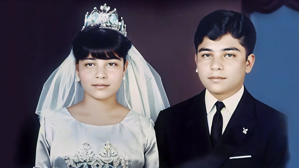 there are two people in a photo with a tiara on their heads, Mom and Dad, wedding photo, a colored photo, restored photo, colored photo, color photo, colored photo, restored color, old color photo, jose miguel roman frances, wedding, old color photograph, year 1 9 7 0, Color restoration, old style photo, colored photograph, colored 8k