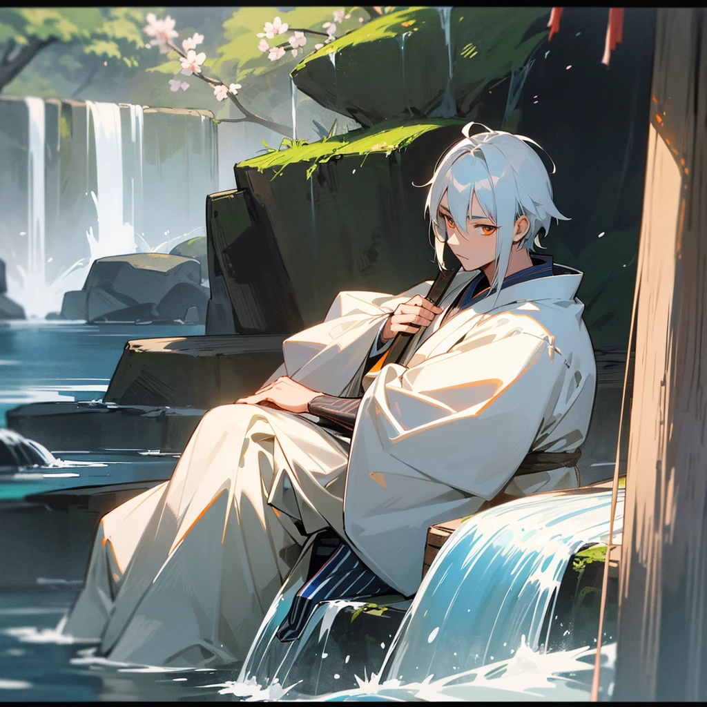 Make a 49 year old Samurai with white and dark blue striped hair and orange eyes sitting talking to a 28 year old boy with white hair and green eyes wearing a white kimono in front of a Japanese house surrounded by sakura with a waterfall in the background toned dark and medieval style