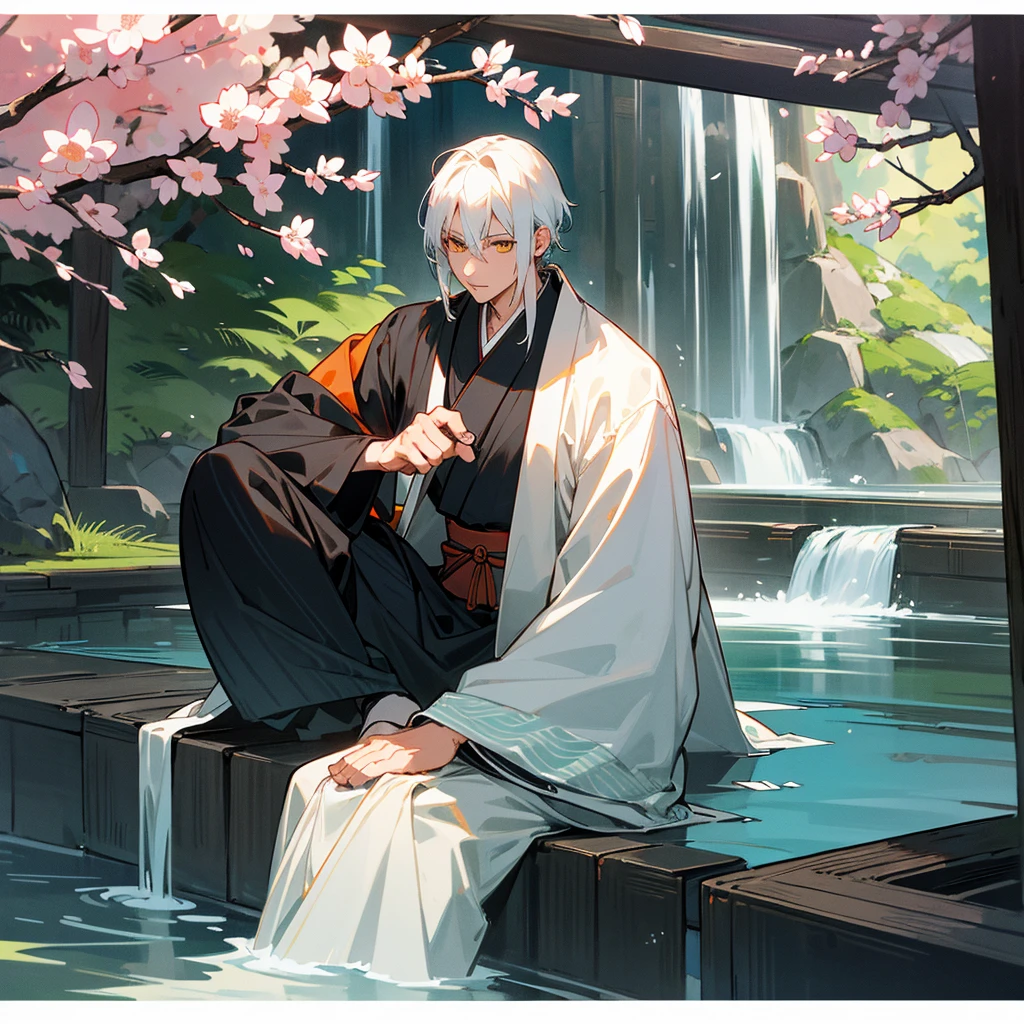 Make a 49 year old Samurai with white and dark blue striped hair and orange eyes sitting talking to a 28 year old boy with white hair and green eyes wearing a white kimono in front of a Japanese house surrounded by sakura with a waterfall in the background toned dark and medieval style