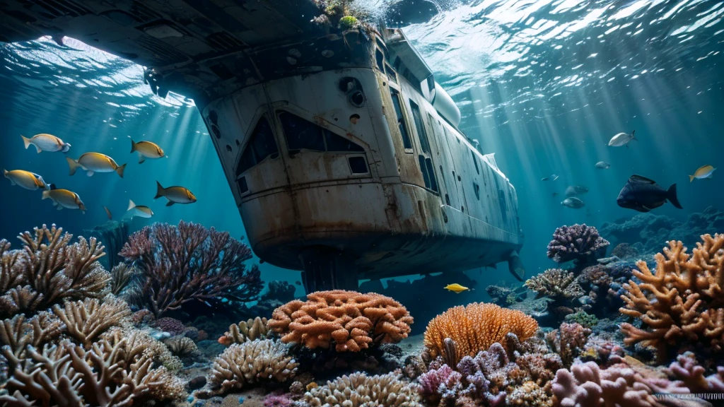 The wreck of the long-ago crashed and sunken "space shuttle Discovery" spaceship lies on the ground at the bottom of the ocean.The old wreck of the space shuttle sank into the ground it's dirty rusty covered with dark green algae in the bottom of the ocean and surrounded by beautiful colorful corals around which various different colorful fishes are swimming. In the seabed different colorful fishes are swimming around stunning colorful corals and the wreck of the space shuttle spaceship. ((Vivid colors of the corals and the fishes as pink, yellow, cyan, orange, blue. The seabed is a beautiful sight as the light beams of the yellowish sunlight and sun's rays are filter through the surface of the water into the dark greenish blue deepness. Contrast lighting, natural lighting. (( Consistent structure and movements of the fishes and corals, consistent movement of the camera, static underwaterland environment)))). Photorealistic fishes and corals, lifelike textures and movements, Insanely intricate details and photorealistic materials. Photorealistic Reflections. Natural lights, neutral colors, vintage color tones, dramatic, dynamic composition. Lifelike textures, sharp focus, depth of field, cinematic lighting, contrast lighting, volumetric lighting, best shadows, sharp focus, depth of field, photorealism, realism, cinematic, Best quality , hdr, uhd, 8k