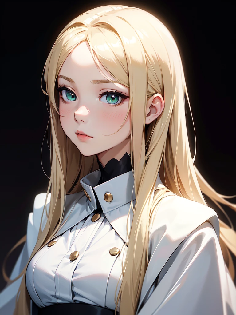 (((Portrait Photo))), She has a Gentle, Refined Appearance of a 15-Year-Old, with a Delicate and Graceful Build that Radiates Elegance. Her Long, Straight Blonde Hair Flows Smoothly Past Her Shoulders, Framing Her Face with a Soft and Luminous Glow. Her Large, Expressive Green Eyes are Filled with a Quiet Intelligence and a Hint of Curiosity, Giving Her a Thoughtful and Introspective Aura. She is Dressed in a Stylish White Jacket, Paired with a Sophisticated Black Blouse, Creating a Contrast that Emphasizes Her Composed and Poised Demeanor. Her Expression is Calm and Serene, with a Slight Blush on Her Cheeks, Conveying a Sense of Quiet Confidence and Subtle Charm. (((High Quality, Dark Background))), (((Portrait Photo)))