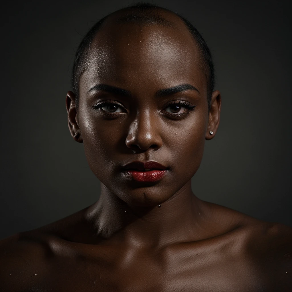 1 solo Girl, bald hair, black skin, red lips, symmetry face