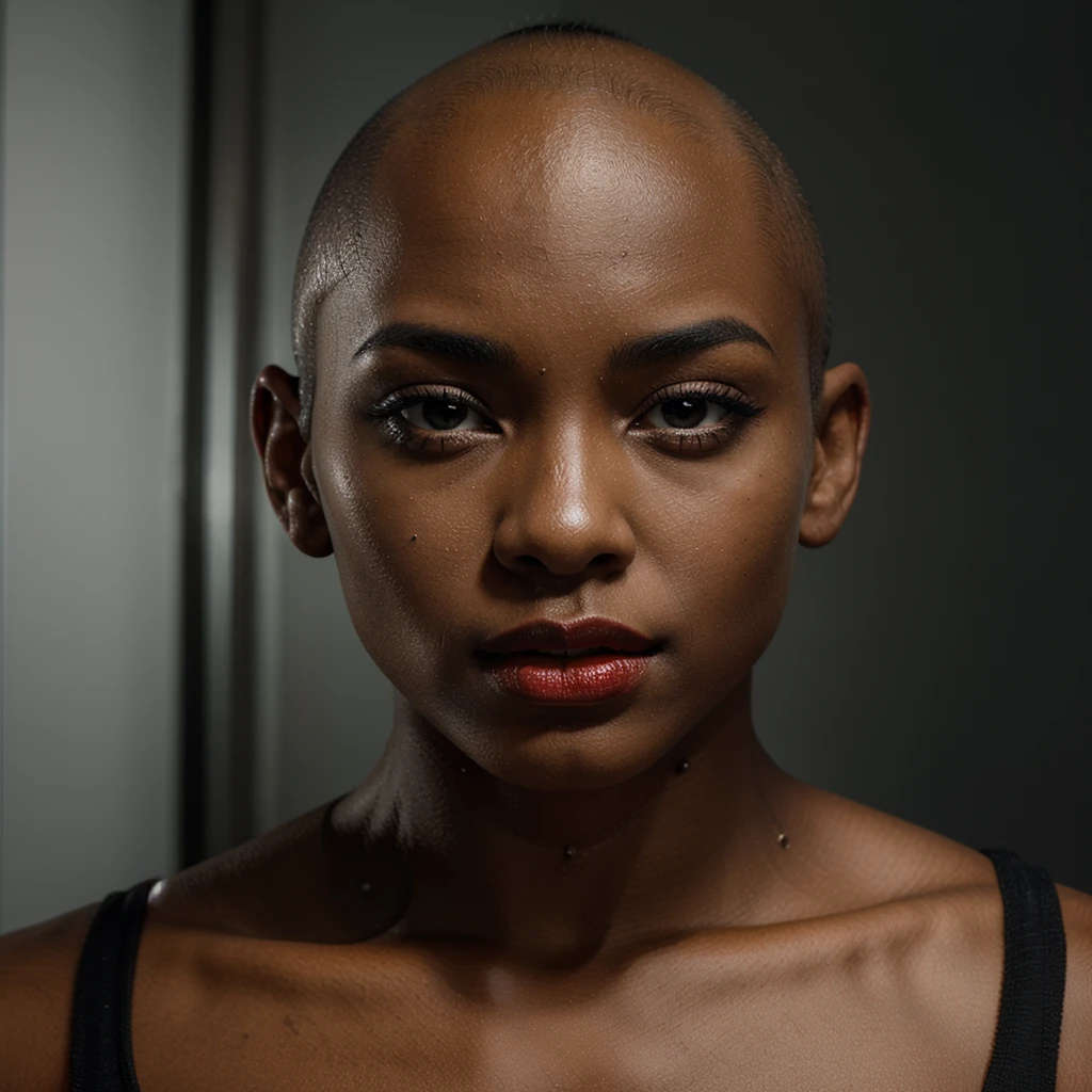 1 solo Girl, bald hair, black skin, red lips, symmetry face