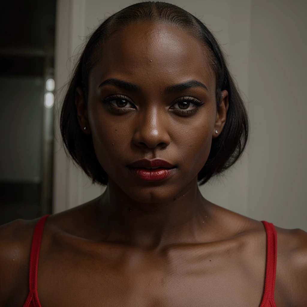 1 solo Girl, bald hair, black skin, red lips, symmetry face