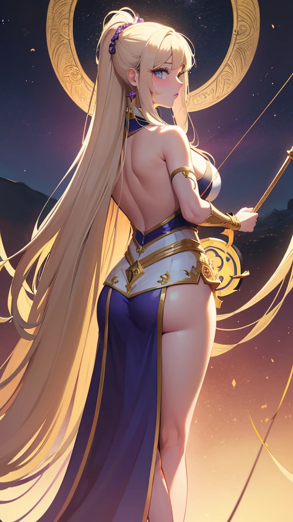 (((amazing powerful archery white girl))), showing her (((curvy))) yet athletic (((sensual full-body, back side, back view))), (perfectly angelic face), dressed in beautiful purple clothes with advanced tech (golden armor), featuring golden esoteric and charming details, long flowing curls and remarkably amber eyes with a (((third eye))), set against an (amazing mystic landscape) Hindu mythology. Colorful portrait, from behind, all highly detailed and advanced photography at 4k, 8k or higher resolution, details are intricate and exquisite, hyperdetailed, depth,