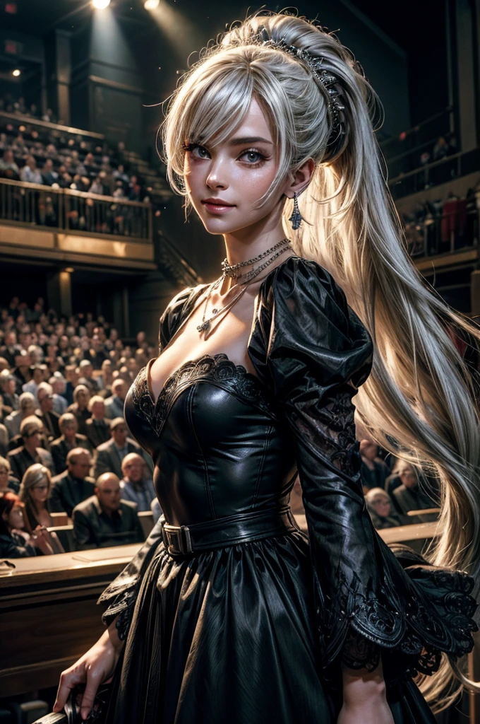 (masterpiece, best quality:1.2), cowboy shot, weissvale, smile, closed mouth,  looking at viewer, long white hair, side ponytail, scar above eye, scar below eye, gala dress,  jewelry, necklace, earrings, future_urban, standing in theater, microphone, orchestra, audience, crowd, (volumetric lighting), intricate details, tonemapping, sharp focus, hyper detailed 