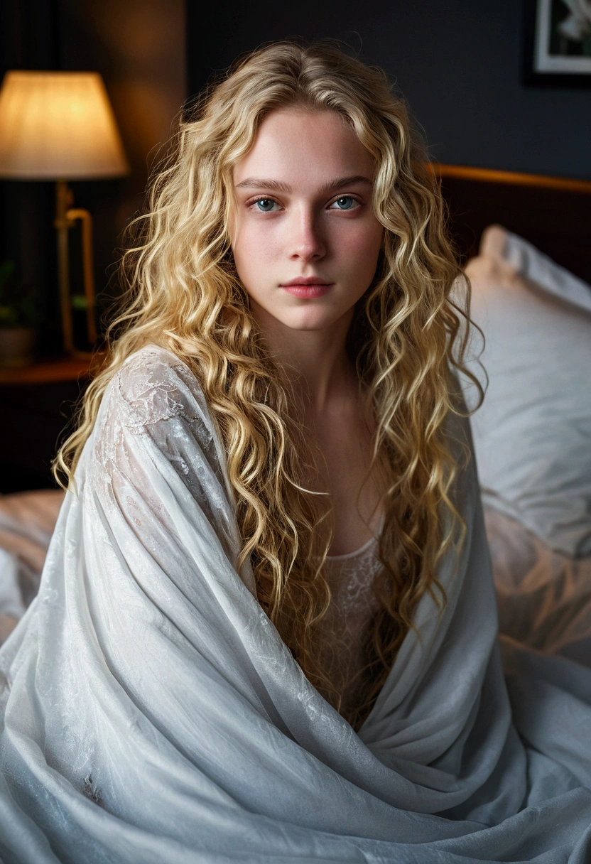 Photo of a 20-year-old European girl, raw, beautiful woman, (extra long wavy blonde hair), ((portrait)), ((detailed face: 1.2)), ((detailed facial features)), (finely detailed skin), pale skin, wrapped in a sheet, bedroom environment, sitting on the bed, (cold color), moist, moist, reflectors, (masterpiece) (perfectly proportioned) (photos realistic) (best quality) (detailed) photographed in a Canon EOS R5, 50mm lens, F/2.8, nfsw, (8K) (wallpaper) (cinematic lighting) (dramatic lighting) (foco nítido) (convoluted) fashion, from above