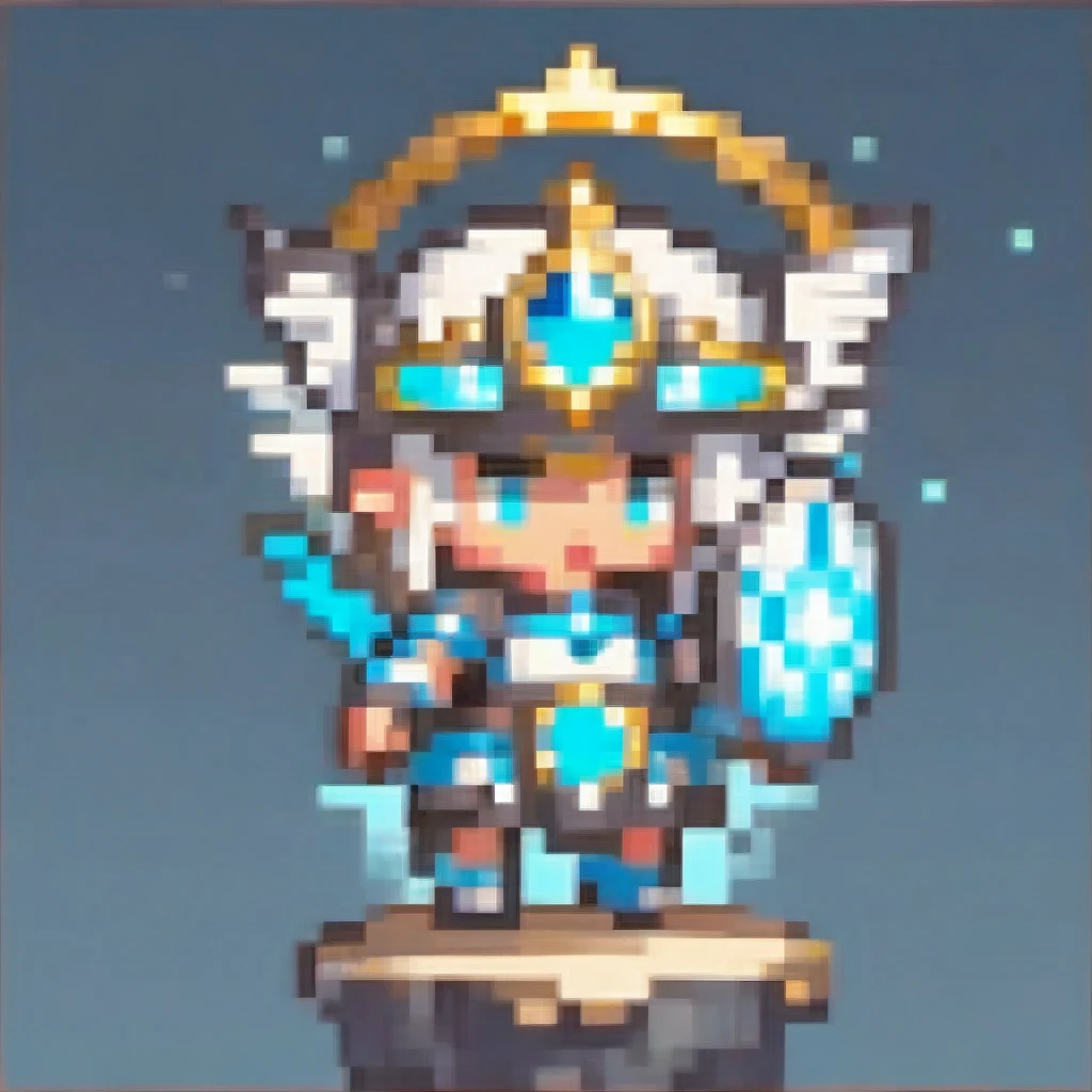 A chibi monkey female character in white and blue guardian armor from a celestial fantasy, holding a glowing shield. She has eagle wings and feathers, glowing turquoise eyes, and elegant angelic horns. The shield emits a holy light effect, and she is in a dynamic defensive pose. The artwork features cinematic lighting and moody colors, in a digital art, concept art style.
