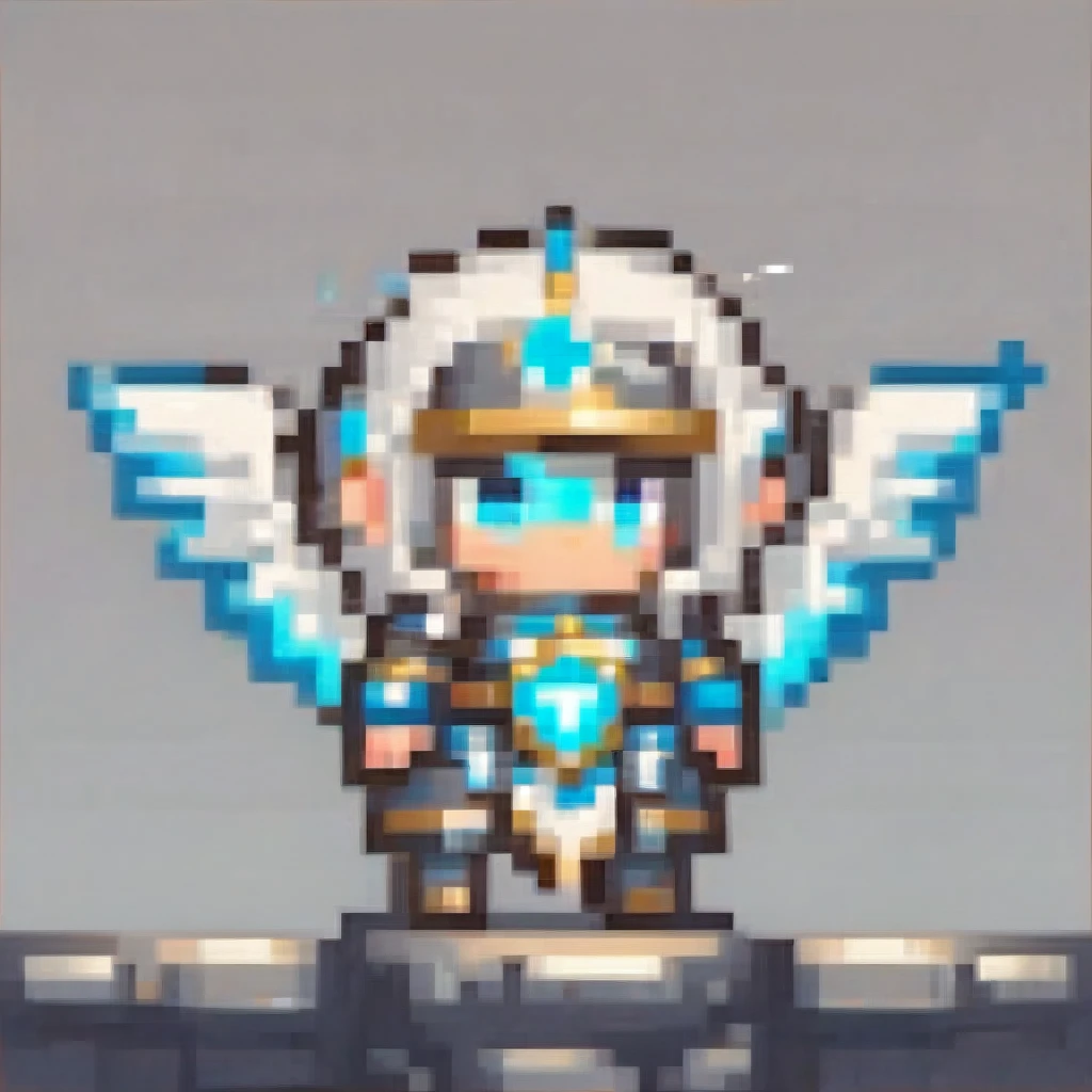 A chibi monkey female character in white and blue guardian armor from a celestial fantasy, holding a glowing shield. She has eagle wings and feathers, glowing turquoise eyes, and elegant angelic horns. The shield emits a holy light effect, and she is in a dynamic defensive pose. The artwork features cinematic lighting and moody colors, in a digital art, concept art style.