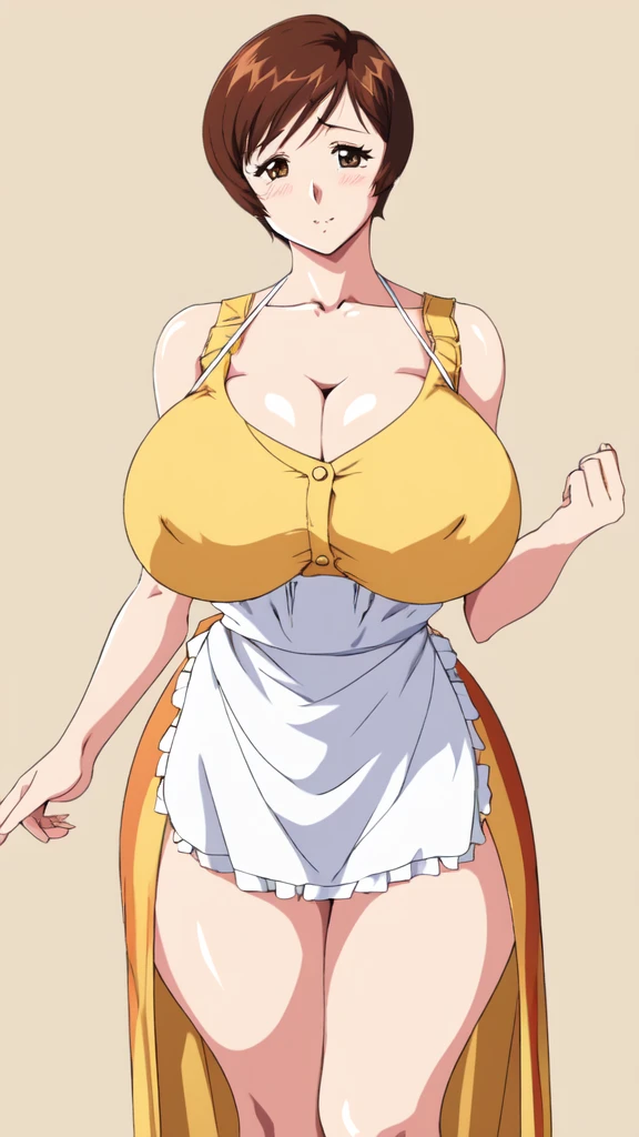 masterpiece, highest quality, High resolution, One girl, solo, sexual intercourse, Pornographic images, short hair, etsukoto, brown Eyes, fine grain, fine grain, (((Thick thighs, Plump thighs, Voluptuous thighs, Thighs alone are enough))), Huge and ample breasts, Cleavage, big long breasts, Naughty big,((big breasts are important))、((Naughty thighs)), L Cup, (thin:1.4),(Tight waist:1.4), (yellow dress:1.4),((waist apron)), white panty, (((Simple Background))), ((Wide Hips)), Shiny, Oily skin, Mature mother, Calf, Seductive mature woman, milf, Perfect body, Plus Size Model, curvy, ample, etsukoto, blush, clavicle, retro artstyle, 1990s (style), (thick thighs:1.4),