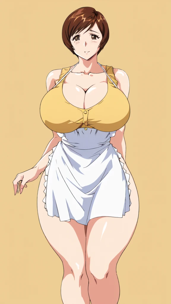 masterpiece, highest quality, High resolution, One girl, solo, sexual intercourse, Pornographic images, short hair, etsukoto, brown Eyes, fine grain, fine grain, (((Thick thighs, Plump thighs, Voluptuous thighs, Thighs alone are enough))), Huge and ample breasts, Cleavage, big long breasts, Naughty big,((big breasts are important))、((Naughty thighs)), L Cup, (thin:1.4),(Tight waist:1.4),  (yellow dress:1.4),((waist apron)),  white panty, (((Simple Background))), ((Wide Hips)), Shiny, Oily skin, Mature mother, Calf, Seductive mature woman, milf, Perfect body, Plus Size Model, curvy, ample, etsukoto, blush, clavicle, retro artstyle, 1990s (style), (thick thighs:1.4),