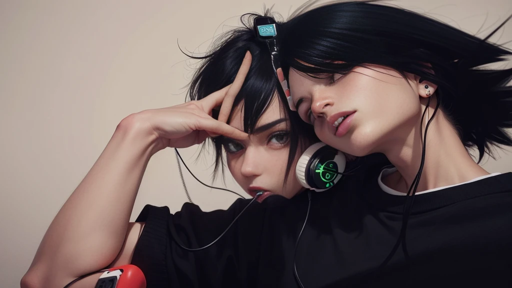 Gir with black hair wearing earphones
