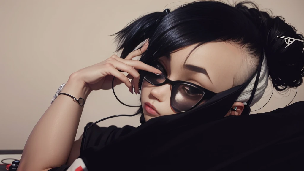 Gir with black hair wearing earphones
