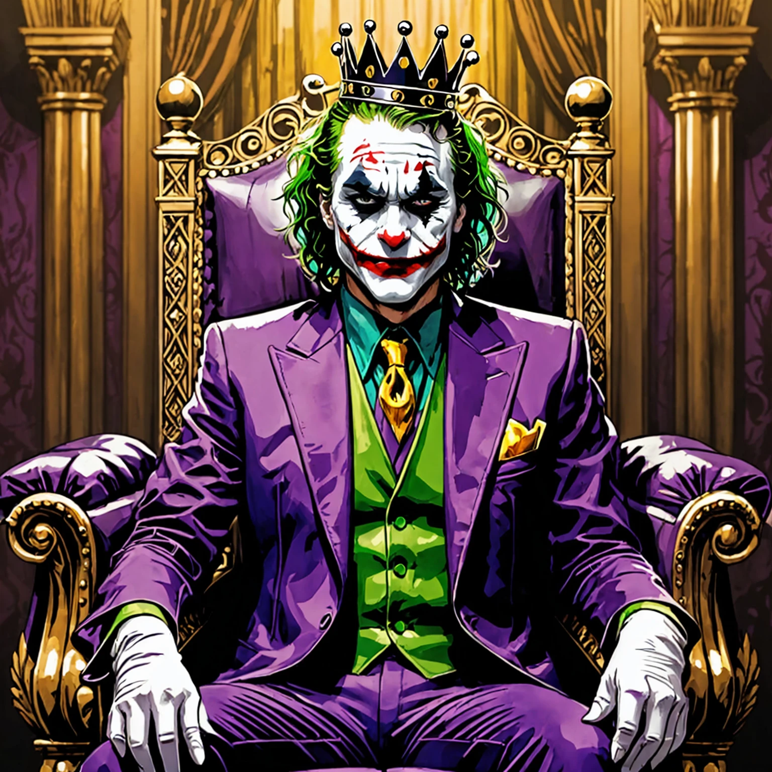 Joker art with crown on head sitting on throne