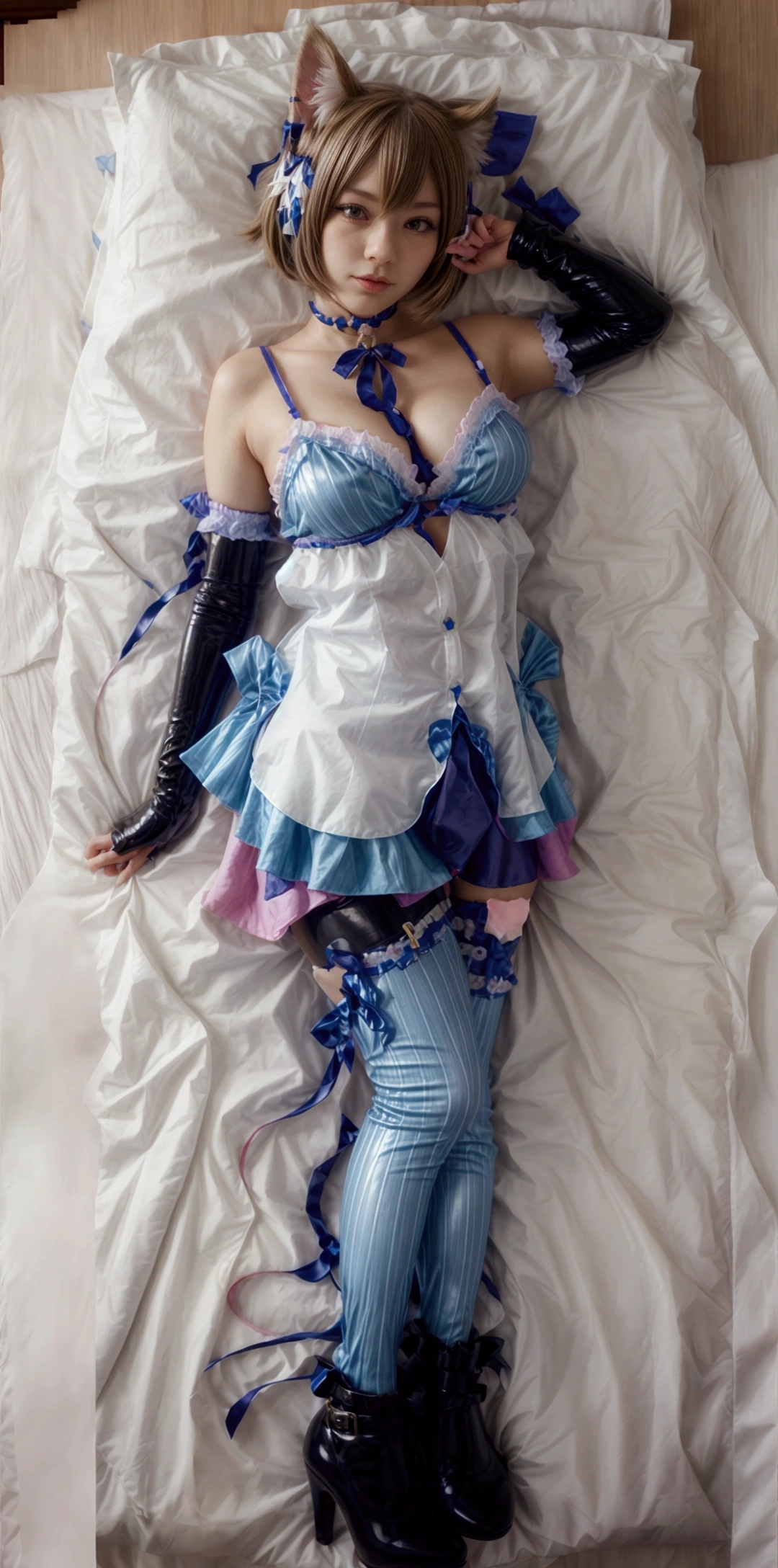 1 girl, realistic, dakimakura, Felix Argyle cosplay, latex , in bed, high heel boots, Best quality, masterpiece,