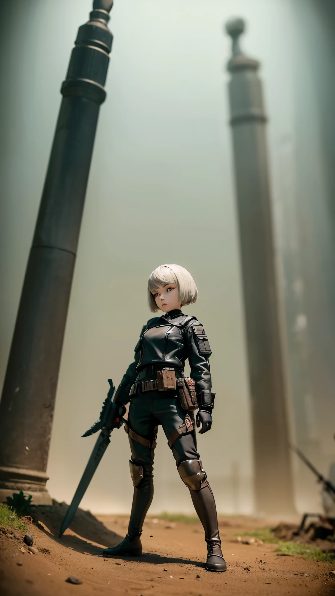 Masterpiece, Tabletop Figures, Highest quality, 4K, The face is precise(((must))), concept art, best shot, Holding a beautifully decorated long sword, Taking a stance for Iainuki, head to toe((must)), There is a pedestal at the foot, A photo taken from a low angle of a gray haired Russian girl in her early 20s, Wearing jet black protector, cutting edge protective gear, The background is a battlefield diorama, Ilya Kuvshinov's style