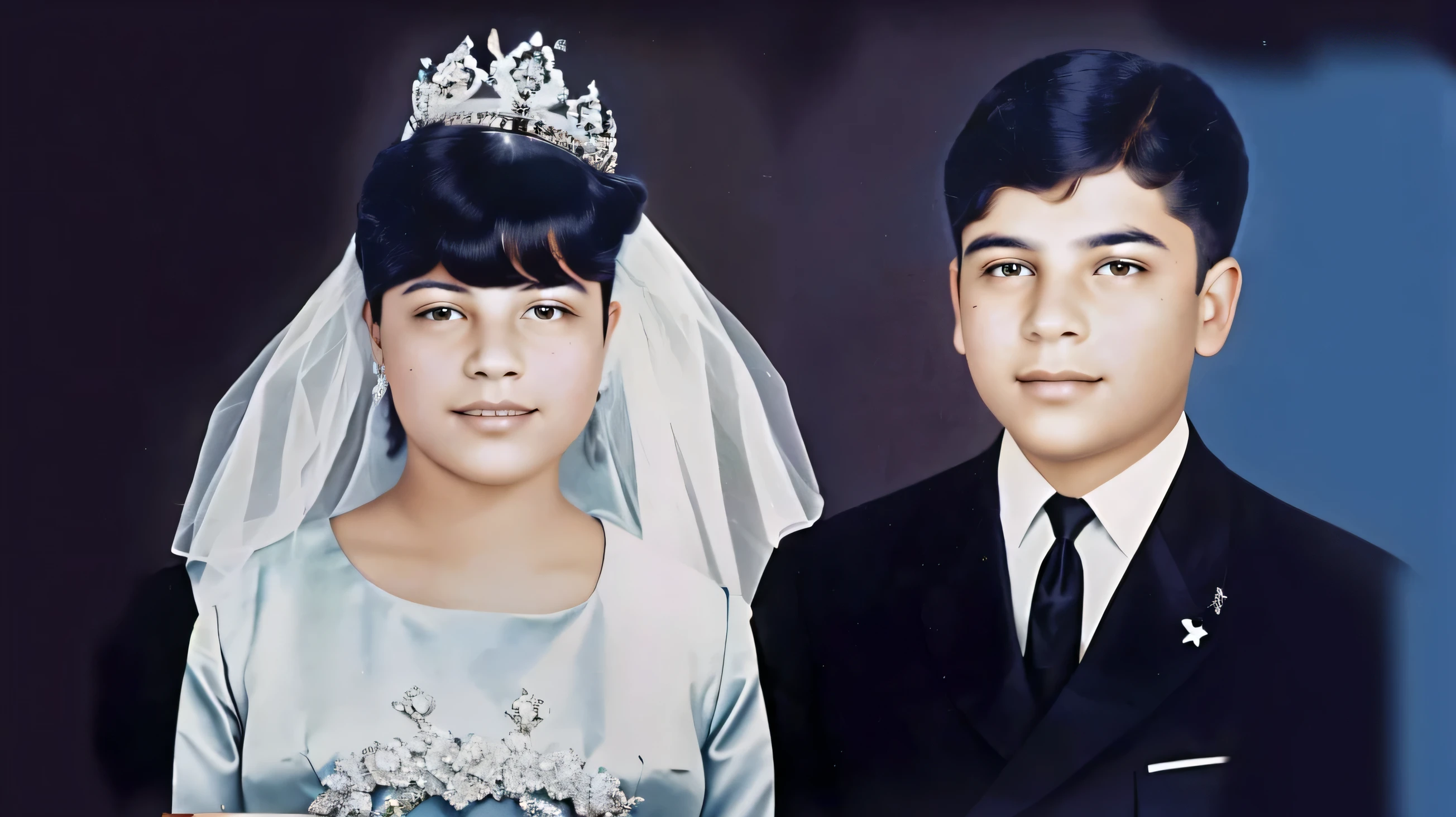 there are two people in a photo with a tiara on their heads, Mom and Dad, wedding photo, a colored photo, restored photo, colored photo, color photo, colored photo, restored color, old color photo, jose miguel roman frances, wedding, old color photograph, year 1 9 7 0, Color restoration, old style photo, colored photograph, colored 8k