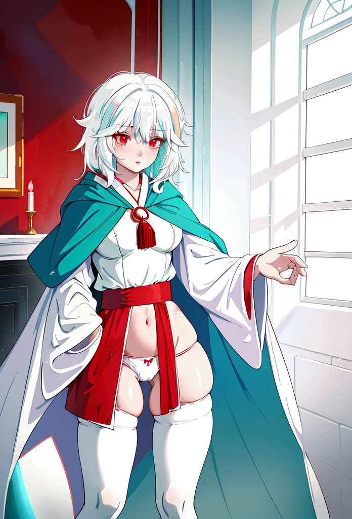 (My little pony), anthro, ((turquoise to white hair gradient)), white body, red eyes, medium breasts, red lips, perfect lines, beautiful quality, room, very shy, ((Mage robe)), radiant light, red stockings, white panties, cameltoe 