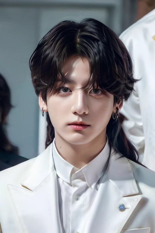 Jeon jungkook long hair, big eyes, white formal suit, beautiful lips