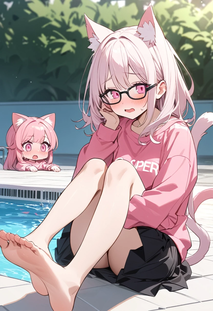 The twin sisters have white pink hair, cat ears, A good, my face is super red, black glasses, pink eyes a big pink sweatshirt, a black skirt a cat tail, a woman. very shy sitting in a pool her feet are inside