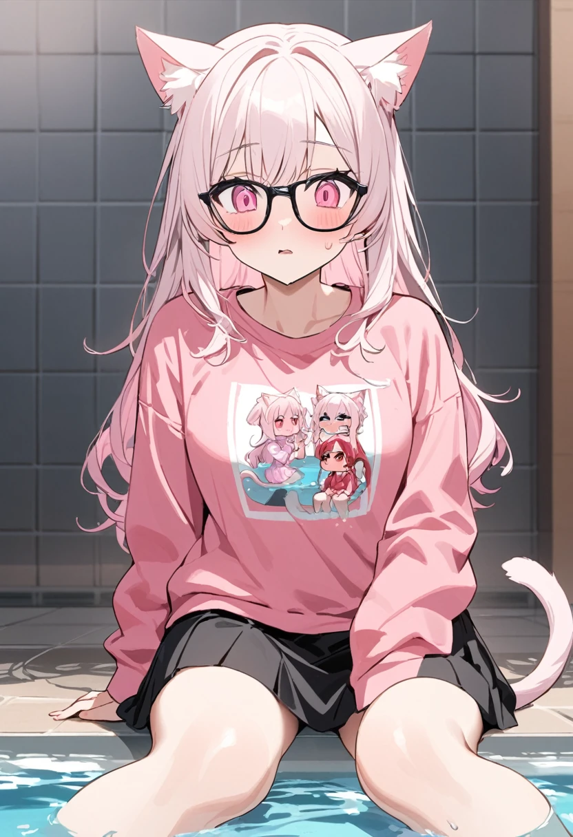 The twin sisters have white pink hair, cat ears, A good, my face is super red, black glasses, pink eyes a big pink sweatshirt, a black skirt a cat tail, a woman. very shy sitting in a pool her feet are inside