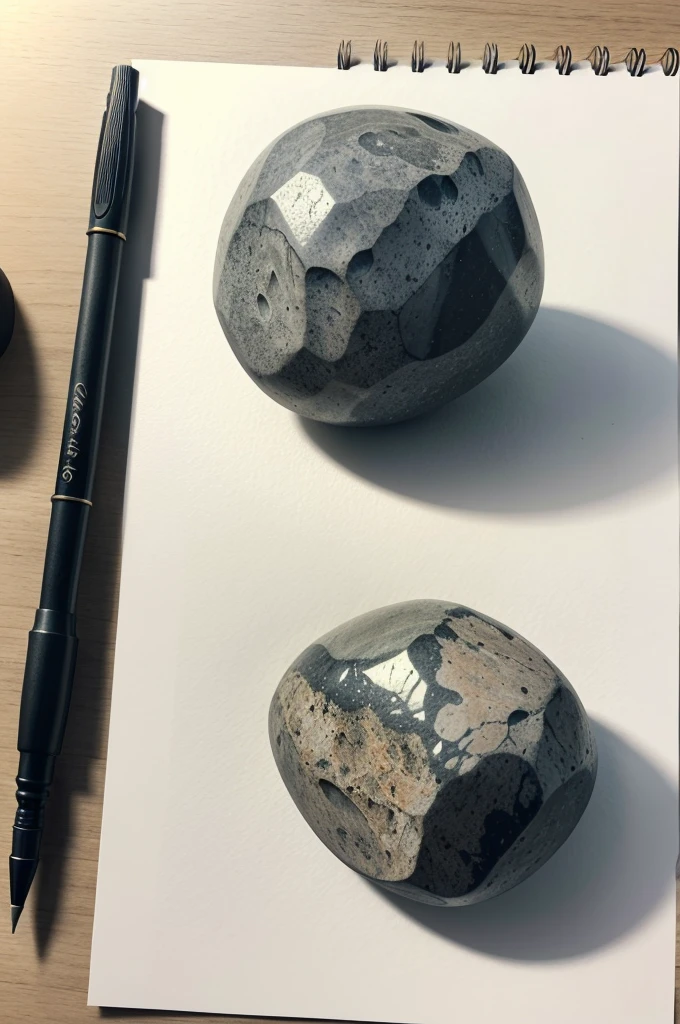 Create a detailed drawing of a single rock using various techniques and styles, all done with a pen on white paper. Ensure the rock is the same in each depiction, but vary the artistic approaches.