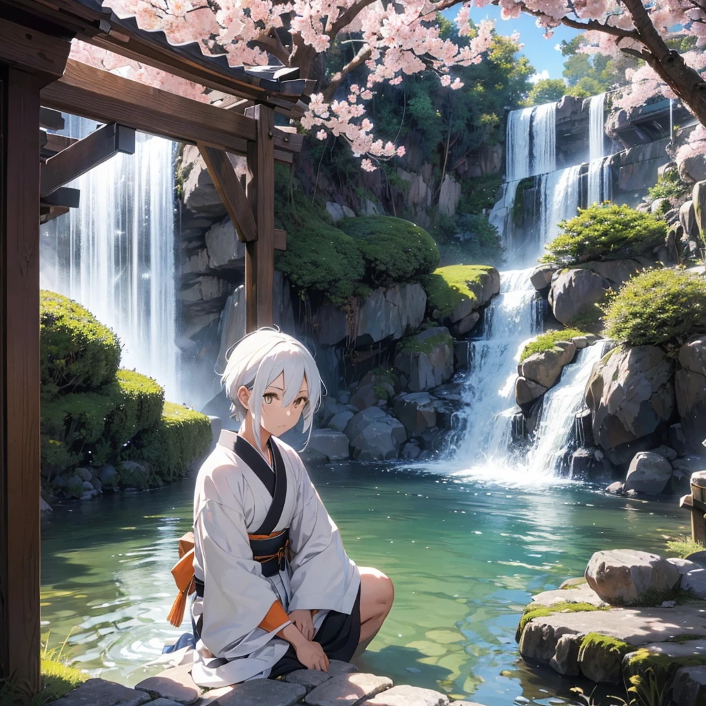 Make a 49 year old Samurai with white and dark blue striped hair and orange eyes sitting talking to a 28 year old boy with white hair and green eyes wearing a white kimono in front of a Japanese house surrounded by sakura with a waterfall in the background toned dark and medieval style
