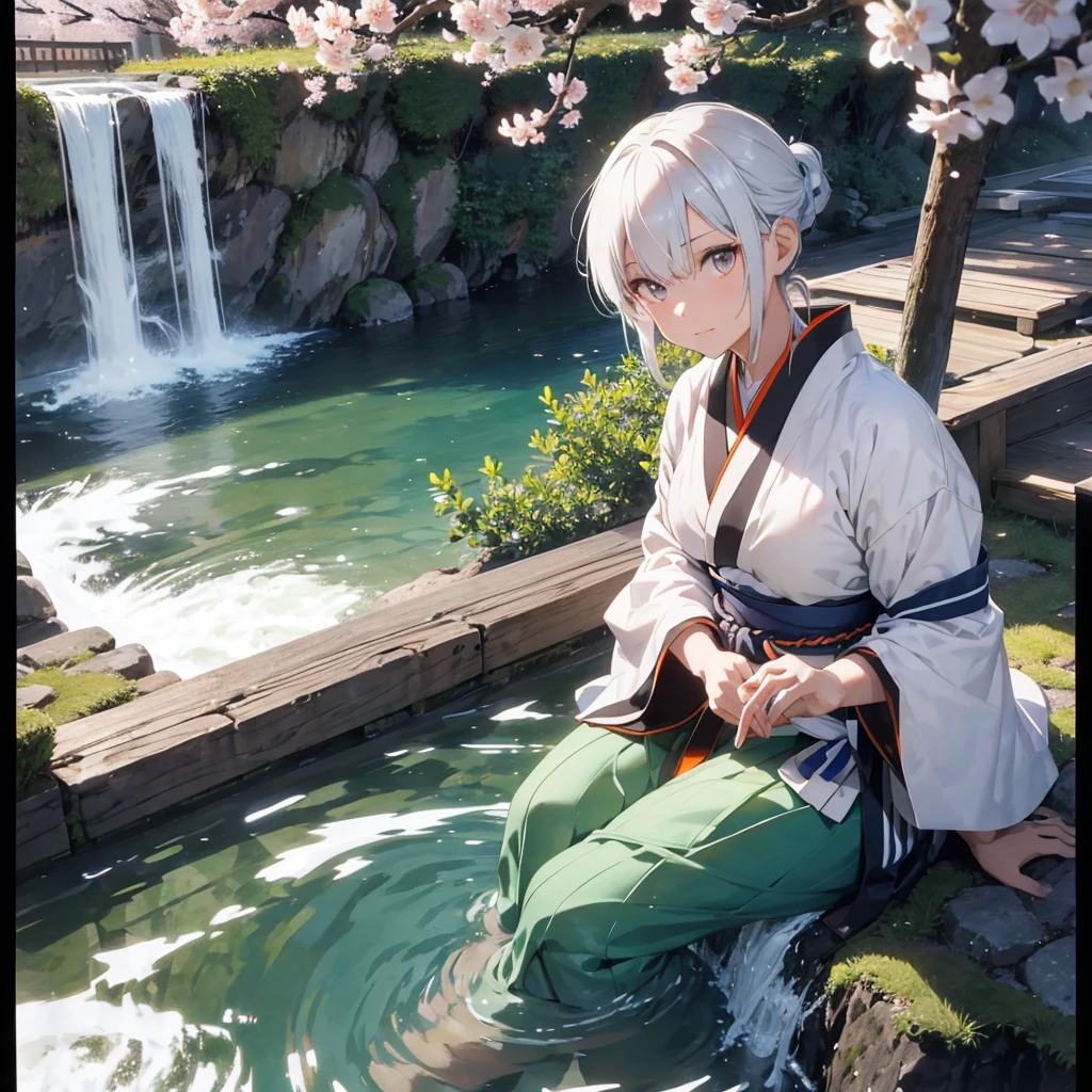 Make a 49 year old Samurai with white and dark blue striped hair and orange eyes sitting talking to a 28 year old boy with white hair and green eyes wearing a white kimono in front of a Japanese house surrounded by sakura with a waterfall in the background toned dark and medieval style