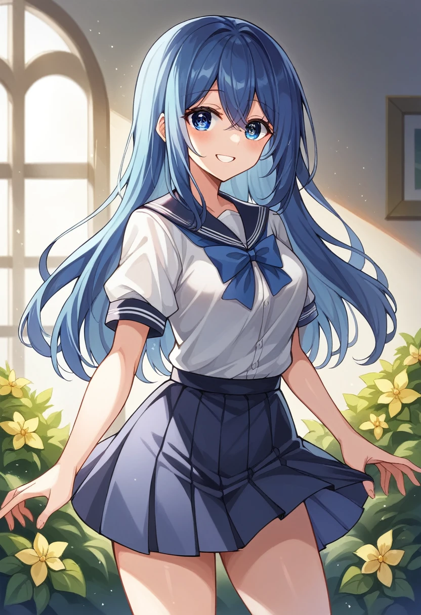 Akane、school-uniform、Sorrisos、Blue hair、Blue Eye、skirts、Flower garden,BREAK looking at viewer, (cowboy shot:1.5), BREAK (masterpiece:1.2), best quality, high resolution, unity 8k wallpaper, (illustration:0.8), (beautiful detailed eyes:1.6), extremely detailed face, perfect lighting, extremely detailed CG, (perfect hands, perfect anatomy),dynamic pose,smile