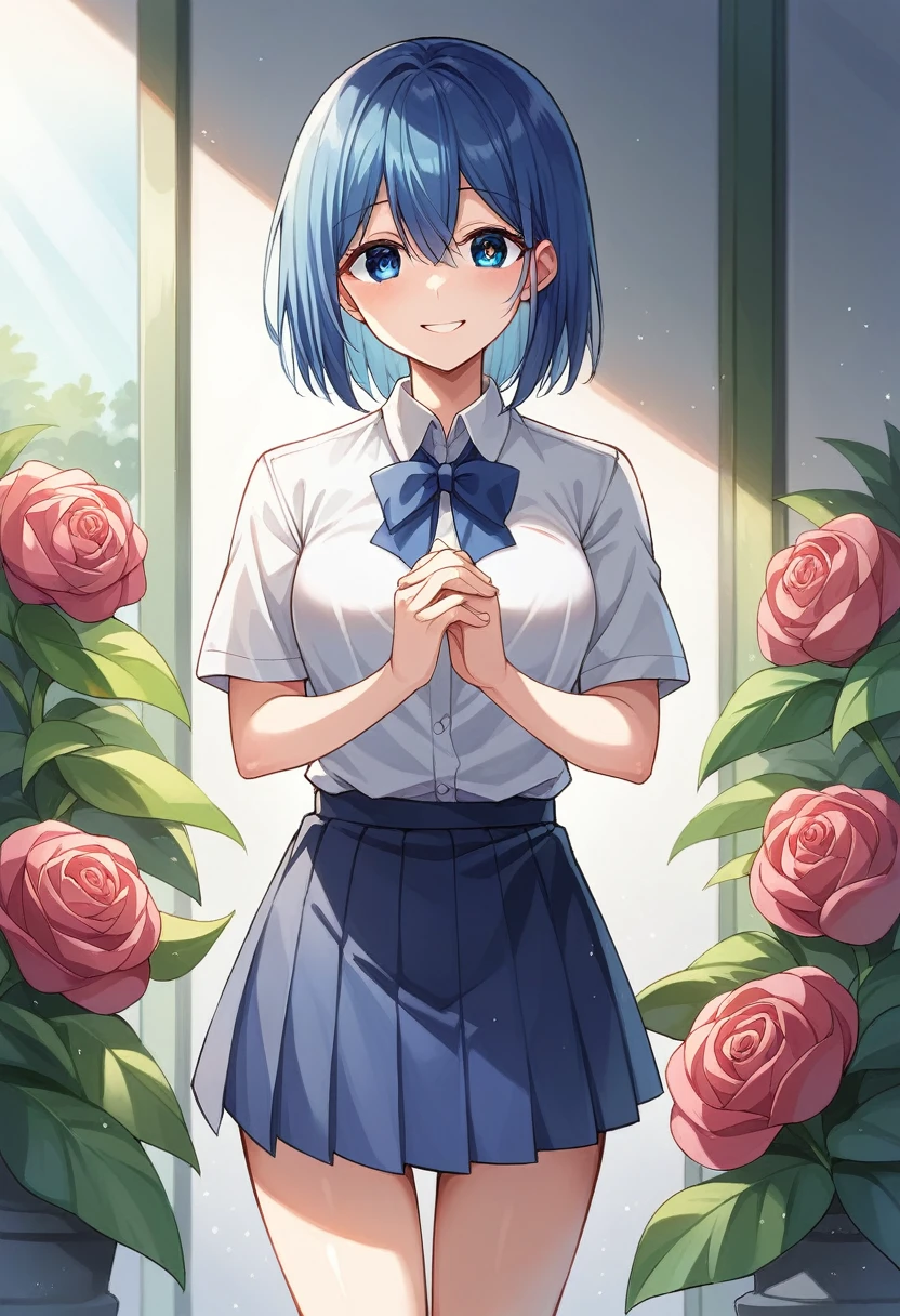 Akane、school-uniform、Sorrisos、Blue hair、Blue Eye、skirts、Flower garden,BREAK looking at viewer, (cowboy shot:1.5), BREAK (masterpiece:1.2), best quality, high resolution, unity 8k wallpaper, (illustration:0.8), (beautiful detailed eyes:1.6), extremely detailed face, perfect lighting, extremely detailed CG, (perfect hands, perfect anatomy),dynamic pose,smile