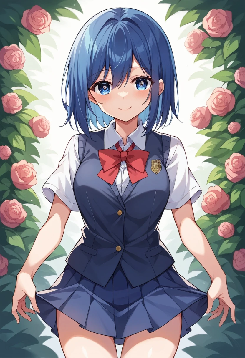 Akane、school-uniform、Sorrisos、Blue hair、Blue Eye、skirts、Flower garden,BREAK looking at viewer, (cowboy shot:1.5), BREAK (masterpiece:1.2), best quality, high resolution, unity 8k wallpaper, (illustration:0.8), (beautiful detailed eyes:1.6), extremely detailed face, perfect lighting, extremely detailed CG, (perfect hands, perfect anatomy),dynamic pose,smile