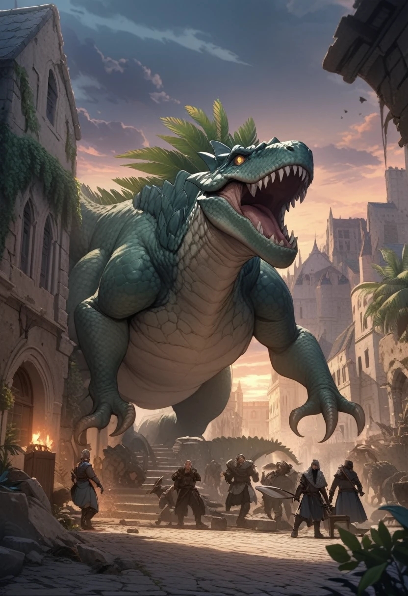 (masterpiece), (highest quality), attacked by monster, night, buildings ruins, debris, rubble, Battlefield Background, Best quality, masterpiece, large dinosaur monster with white scales and golden eyes and spikes, medieval coastal town, palm trees, courtyard, bench, cobblestone, ferns, outdoors, tropical, clouds,teal buildings, white steps, fence, road, fleeing people, thunderhead clouds, dusk,