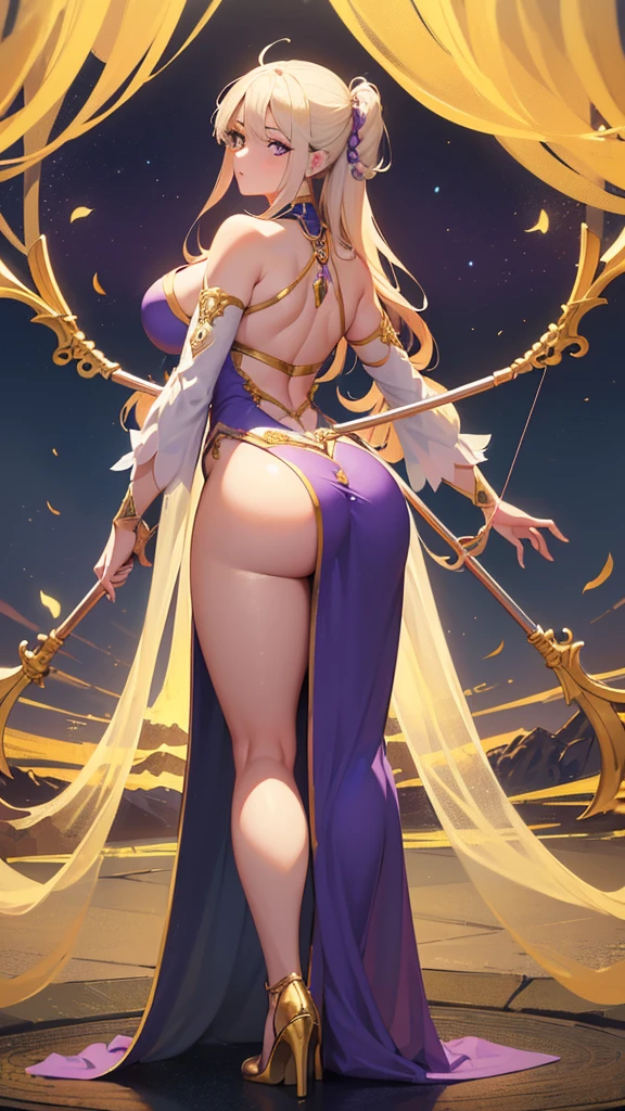 (((amazing powerful archery white girl))), showing her (((curvy))) yet athletic (((sensual full-body, back side, back view))), (perfectly angelic face), dressed in beautiful purple clothes with advanced tech (golden armor), featuring golden esoteric and charming details, long flowing curls and remarkably amber eyes with a (((third eye))), set against an (amazing mystic landscape) Hindu mythology. Colorful portrait, from behind, all highly detailed and advanced photography at 4k, 8k or higher resolution, details are intricate and exquisite, hyperdetailed, depth, 