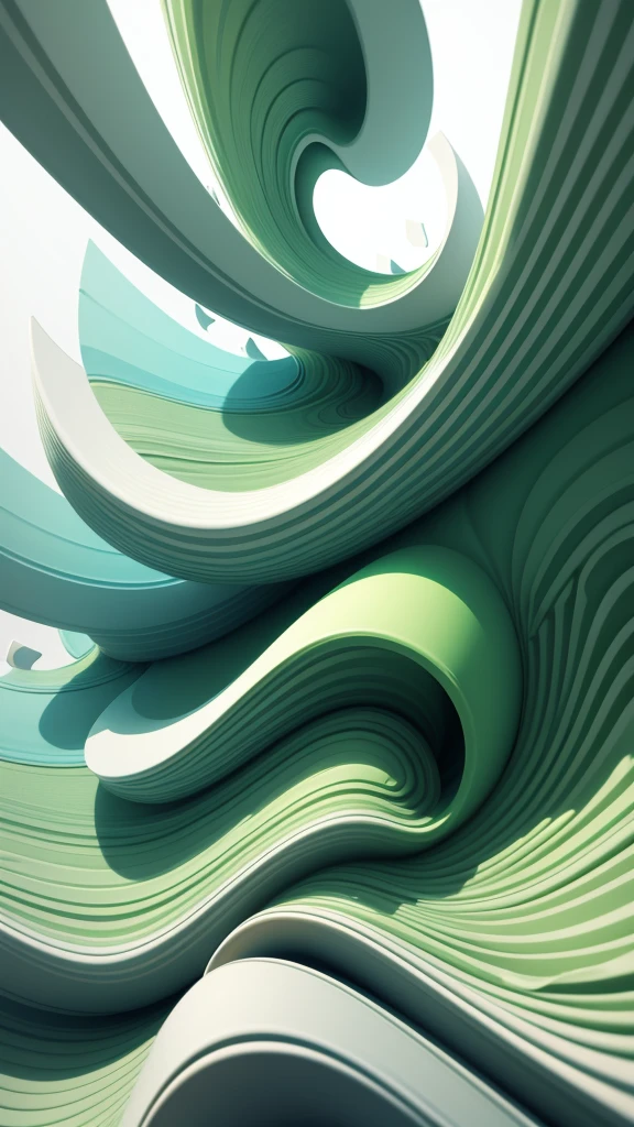 abstract 3d shapes of green waves on white canvas