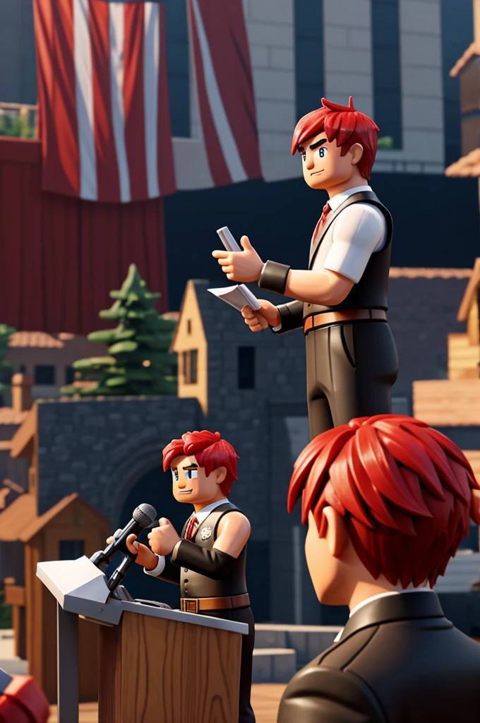 Roblox Bacon Hair giving a speech to his citizens in a luxurious town with an army