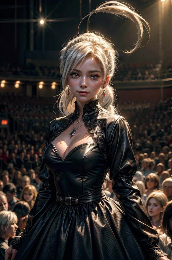 (masterpiece, best quality:1.2), cowboy shot, weissvale, smile, closed mouth, looking at viewer, long white hair, side ponytail, scar above eye, scar below eye, red gala dress, jewelry, necklace, earrings, future_urban, standing in theater, microphone, orchestra, audience, crowd, (volumetric lighting), intricate details, tonemapping, sharp focus, hyper detailed